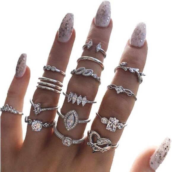 Silver Boho Stackable Ring Set – 15-Piece Elegant Bohemian Midi Rings- Dainty - Picture 1 of 6